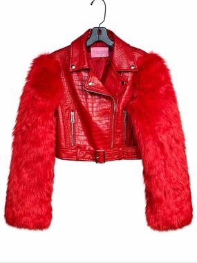Azalea Wang Nolla True Red Faux Fur Sleeves Faux Crocodile Look Edgy Moto Jacket